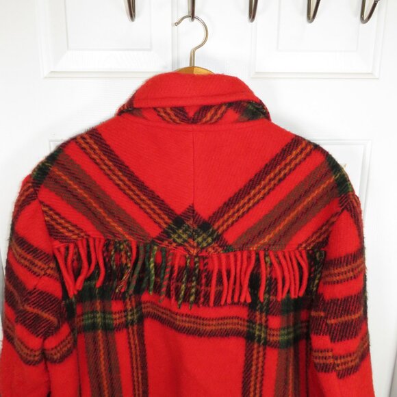 Vtg Lapp Lander 100% Wool Norway Fringe Blanket Full Zip Jacket 70s Red Plaid L - Picture 5 of 5
